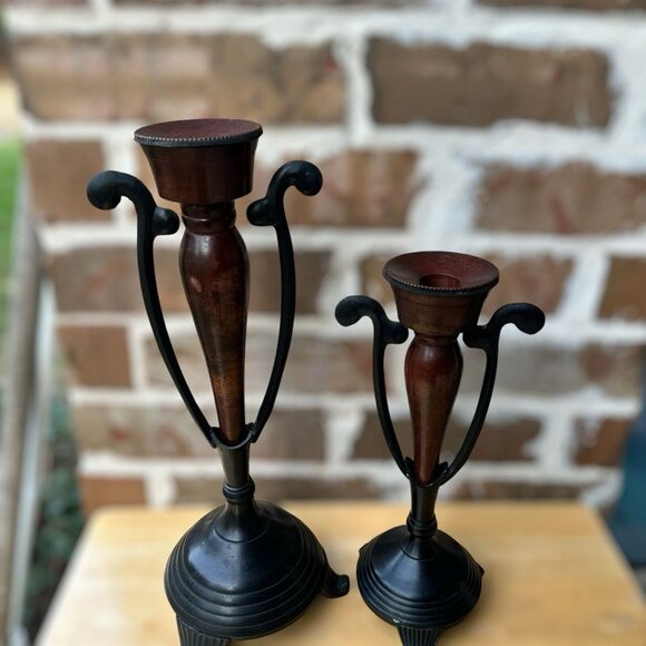 VTG Painted Yellow Brass Metal Candle Holders MCM Tripod 15" & 11.5" Set Of 2 - Picture 2 of 12